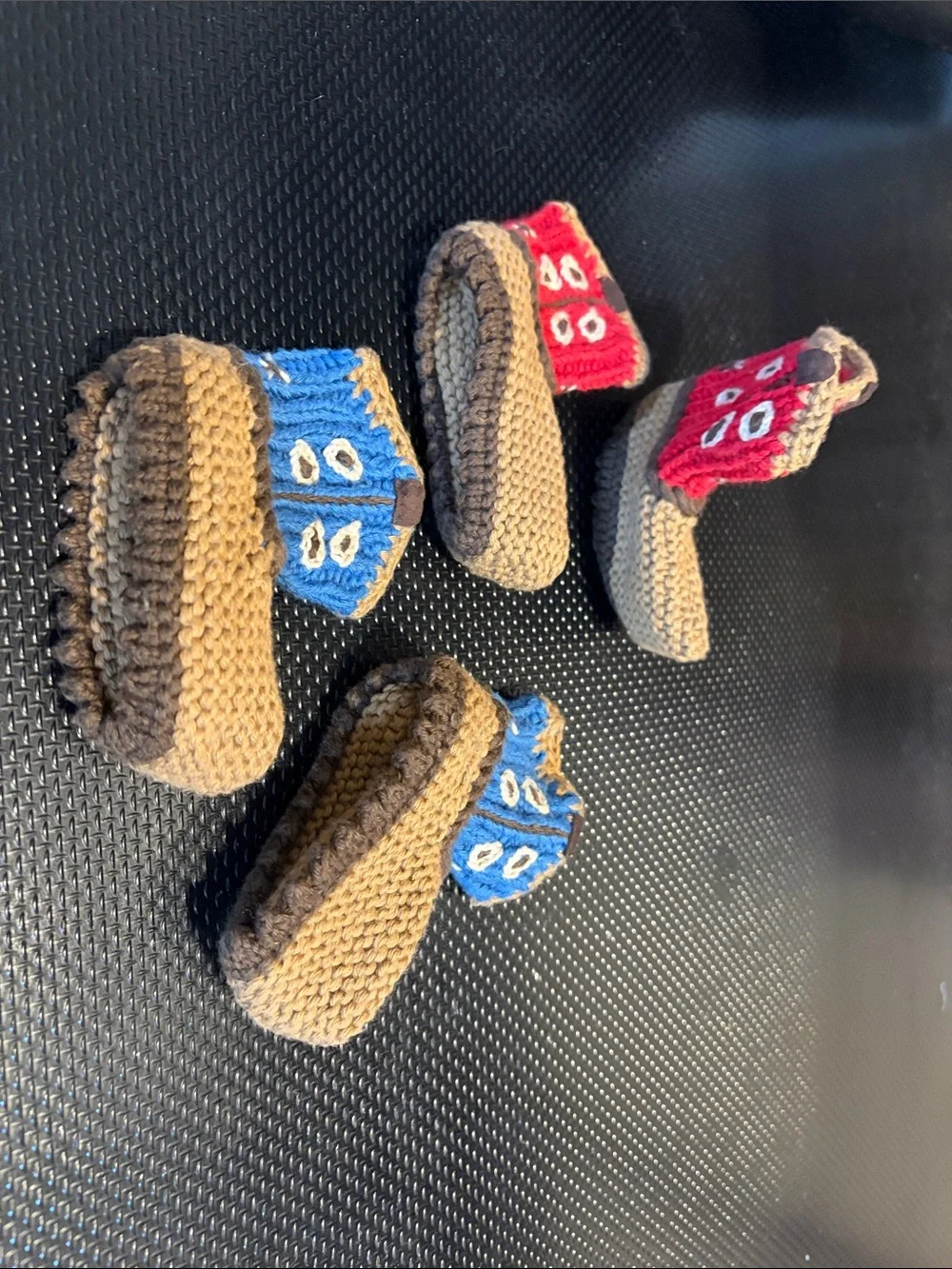 🤠Handmade Brown Knit baby cowboy boot style booties bundle - Blue and Red pairs